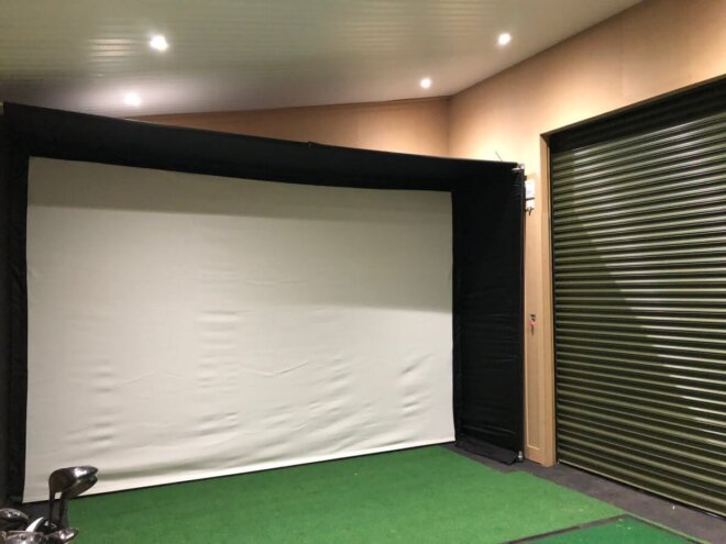 golf simulator enclosure screen swing frame